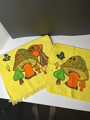 Vintage Mushroom Kitchen Hand Towel & Dish Cloth Yellow NOS Cannon Kitschy Set 1 • $35