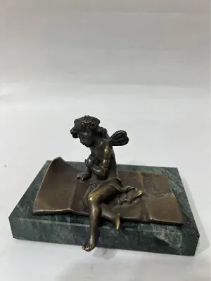 Justin Ferrand Bronze Cherub Pixie On Green Marble Base • $195