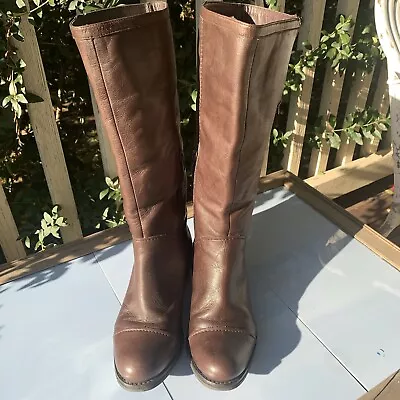 Sempre By Biviel Brown Leather Calf Length Boots  Zip Detail Low Heel EU 38 AU 7 • $90