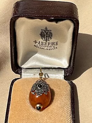 Antique Russ Empire Faberge Diamond Hardstone 56 Gold Egg Pendant  • $2800