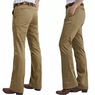 Men Bell Bottom Trousers Pants 60s 70s Formal Vintage Flare Slim Fit Retro Khaki • £33.22