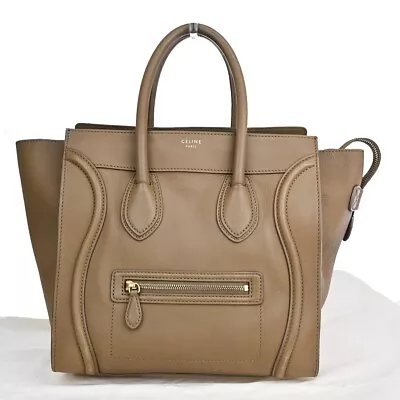 CELINE Logo Luggage Mini Hand Tote Bag Leather Beige GHW Italy 10YE128 • $588