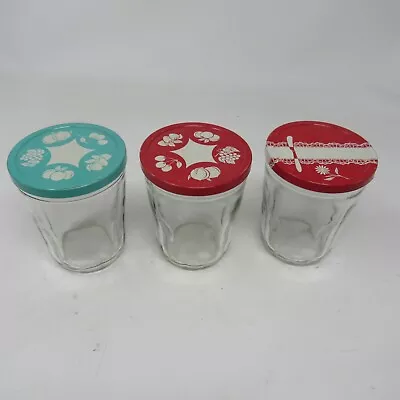 Vintage Lot Of 3 Jelly Jam Jars With Decorative Metal Lids Cottage Farm Core • $29.99