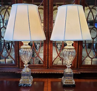 Paul Hanson PAIR Hollywood Regency 35  Urn Shaped Lamps Crystal Marble Brass • $1499.99