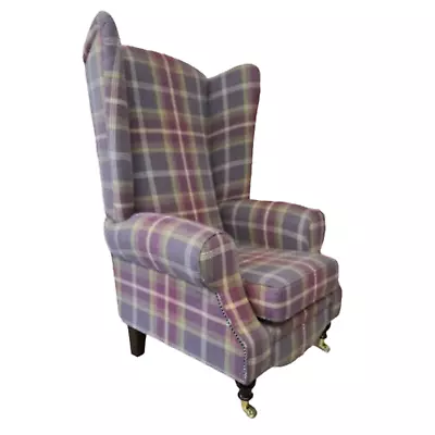 Queen Anne  Arm Chair Extra Tall High Back  Balmoral Amethyst Tartan Dark Legs • £619