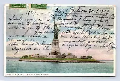 Statue Of Liberty Antique POSTAL HISTORY Cover Postcard NYC To Madrid 1913 • $29.99