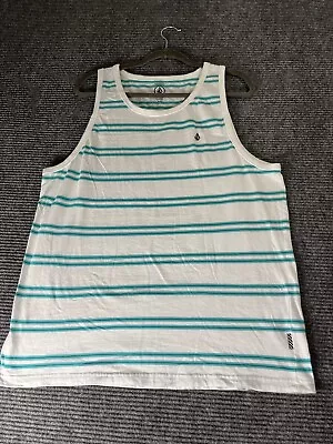 Volcom Tank Top Men's XL White Teal Stripes Modern Fit Skater Surf 100% Cotton • $12.99