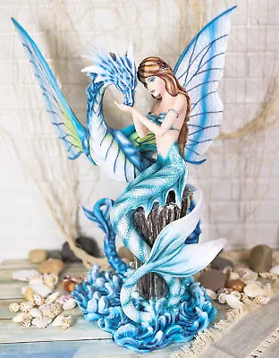 Ebros Large Nautical Blue Mermaid Feeding Leviathan Ocean Dragon Fairy Statue • $169.99