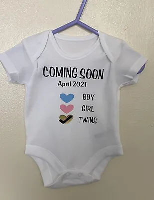 Personalised Coming Soon  Twins Announcement Baby Grow Vest  Baby Shower • £6