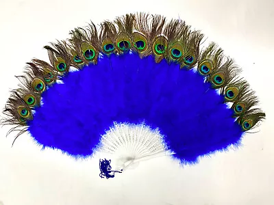 ROYAL BLUE Marabou Feather Fan W/ One Sided PEACOCK 30  X 15  Halloween Costume • $24.29