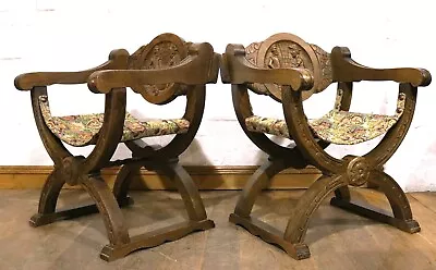 Vintage Pair Of Danish Carved X Frame Occasional Hall Chairs • £295