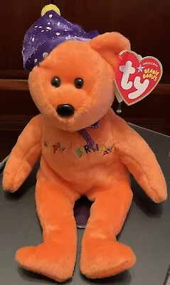 £7 • Buy Original TY Beanie Babies - HAPPY BIRTHDAY Bear 2005 - Orange - W/ Hat  9in