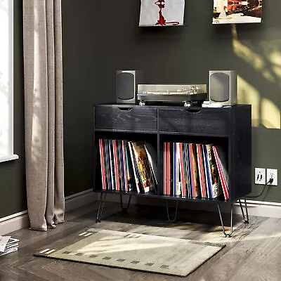 TC-HOMENY Vinyl Record Player Stand + Charging Station Album Turntable Cabinet • $139.99