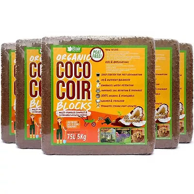 5 X 75 Litre/5kg Coco Coir Compost Block/Brick | Peat-Free Organic Potting Soil • £44.99