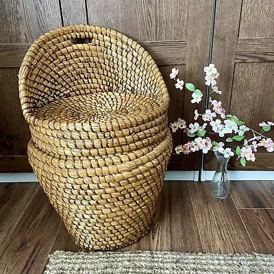 Vintage Wicker Laundry Basket Storage Chair 70s 80s Retro Tiki Rattan Boho Decor • $112.29