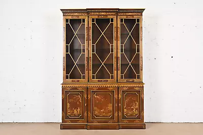 Kindel Furniture Georgian Chinoiserie Mahogany Lighted Breakfront Cabinet • $4995