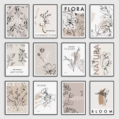 £4.25 • Buy Beige Botanical Line Wall Art Prints Floral Bedroom Living Room Posters Pictures