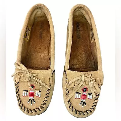 Minnetonka Women's Thunderbird Soft Sole Brown Moccasin Beaded Red White Size 9 • $37