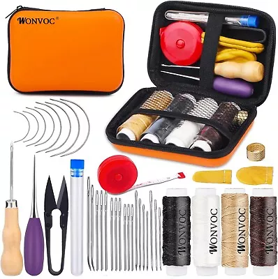 Leather Sewing Kit Upholstery Thread Cord Stitching Needles Sewing Awl 38 Pcs • $11.19