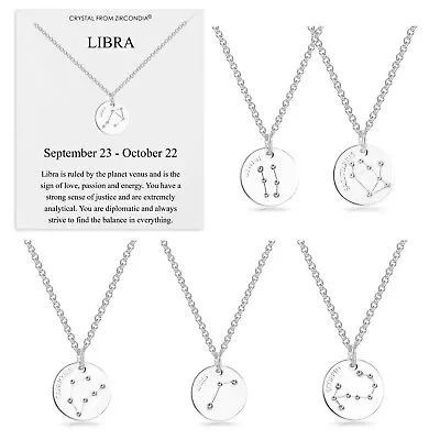 Silver Star Sign Zodiac Disc Necklace Embellished With Crystals From Zircondia® • £9.99
