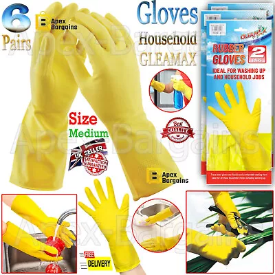 6x Pairs Long Sleeve Rubber Gloves Kitchen Cleaning Household Washing Up Medium • £8.15