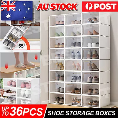 $18.95 • Buy 6-36x Stackable Clear Shoe Box Foldable Plastic Storage Case Organizer Rack NEW
