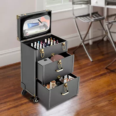 Professional Trolley Cosmetic Case Nail Polish Makeup Toolbox Rolling Luggage • $87.40