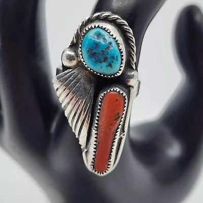 OLD Vintage Genuine Handmade Navajo Sterling Turquoise Coral Ring Size 8 • $75.95