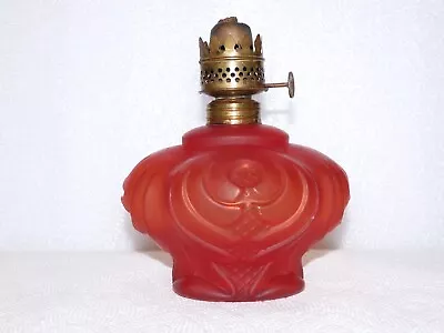 Red Satin Glass Scrolls & Netting Miniature Lamp Base + Burner (Smith 1 Fig 401) • $28