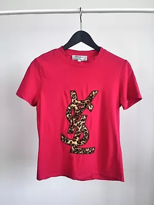 2000s YVES SAINT LAURENT RIVE GAUCHE YSL Leopard LOGO Pink T-Shirt Top • £28.38