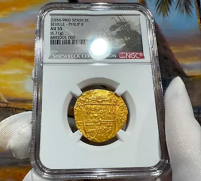 Spain 2 Escudos 1556-98 Philip Ii Ngc 55 Pirate Gold Coins Treasure Doubloon • $4395