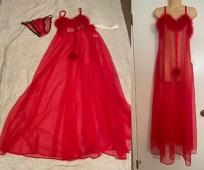 Vtg Long CHIFFON Nightgown STRING BIKINI Panty Set MARABOU FEATHERS SHEER Gown • $49.99