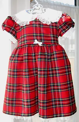 Frilly Plaid Party Dress Red Frock Scottish Stewart Tartan Baby Girl 18 - 24 M • £14.95