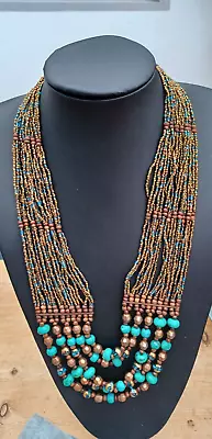 Statement Wood Glass Beaded Necklace Collar  Turquoise Tone Egyptian Style #42 • £5.99