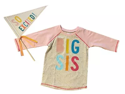 Mud Pie Big Sis Sister Shirt & Pennant Set Baseball Tee Toddler Girls 2/3 Or 4/5 • $15.99