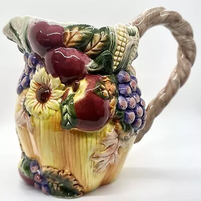 Harvest Pottery Ceramic Pitcher Majolica Style Fruit Leaves Sunflowers Corn • $26.35