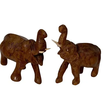 Vintage Hand Carved Wood African Elephants (2) Trunks Raised Tusks 3  High • $17.39