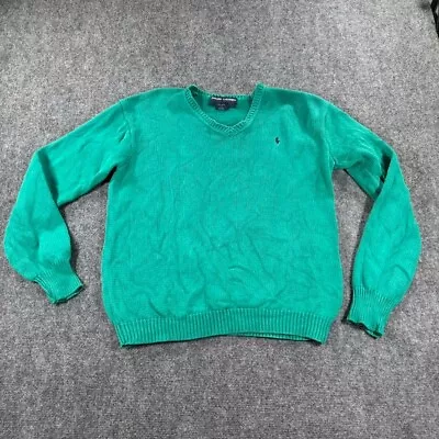Vintage Ralph Lauren Mens Sweater Large Green Knit Polo Sport Cotton V Neck • $29.98