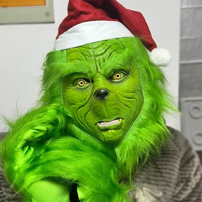 The Grinch Full Head Latex Mask Christmas Cosplay Hat Monster Costume + Gloves • $27.99