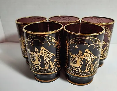 Vintage Italian Venetian Cranberry Glasses With Guilded Scenes Set Of 5 • $80