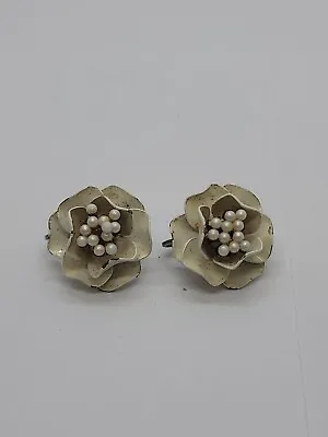 Vintage Marvella White Enameled Flower Clip On Earrings White Seed Pearls 1  • $9.99