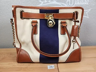 Michael Kors Hamilton Mono Stripe Large Canvas/Leather Satchel Blue White • $65