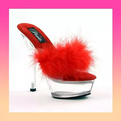 Pleaser Red Marabou Slip On Clear Platform Mules Fluffy Feather Eu 35 -uk Size 2 • £39.99