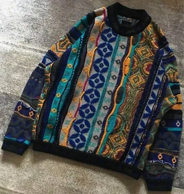 COOGI 3D Knit Sweater Geometric Pattern Men Size L Multicolor 90's Vintage • $1239.56