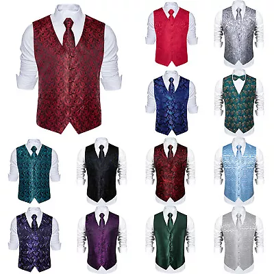 Mens Waistcoat Yellow Gold Paisley Christmas Vest Suit Tie Set Hanky Wedding 3XL • $19.99