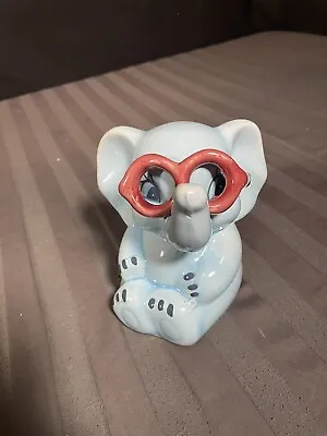 Vintage Sitting Elephant Piggy Bank Baby Blue With Burgandy Eye Glasses • $5