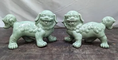 $71.99 • Buy Pair Vintage Porcelain Foo Dogs By Andrea By Sadek -Celadon Glaze -In Great Cond