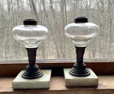 Early Pair Antique Oil Lamps With Brass Stand And Marble Base Mold Blown • $55