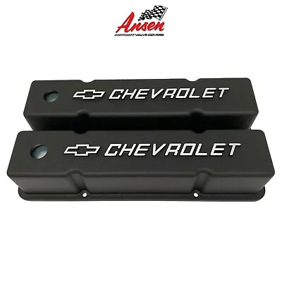$179 • Buy Small Block Chevy Tall Black Valve Covers - Chevrolet Bowtie Logo 
