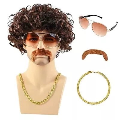 5Pcs 70s 80s Disco Wigs Set With Mustache Sunglasses Gold Chain Hairnet Brown • $30.59